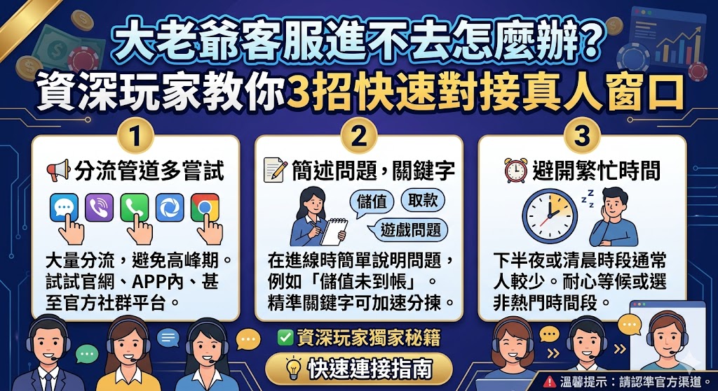 大老爺客服進不去、找不到聯絡窗口該怎麼辦？本文由資深玩家親自傳授3招實用祕訣，教你如何繞過系統故障，快速對接官方真人客服窗口！無論是儲值未到帳、出金問題還是帳號異常，透過這套應急指南都能在第一時間取得協助。遇到網站維護或連結失效時別驚慌，收藏這篇大老爺娛樂城自救方法，保障您的會員權益與博弈體驗！